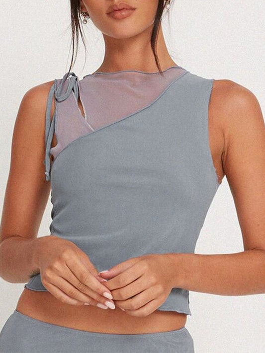 Mesh Stitching Asymmetric Lace Up Tank Top