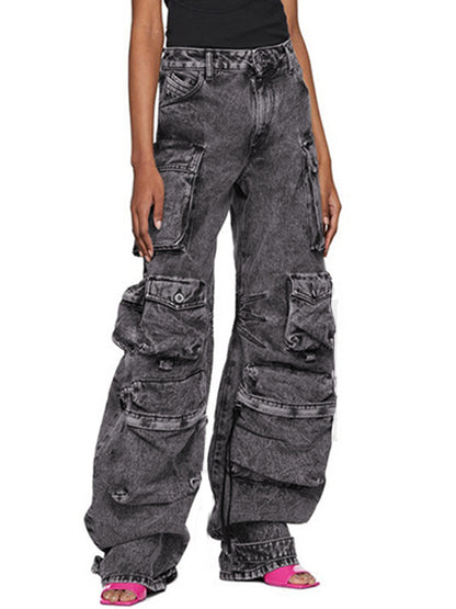 Washed Distressed Gray Multi Pocket Splice Cargo Jeans