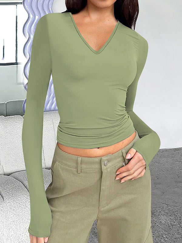Solid V Neck Slim Long Sleeve Tee