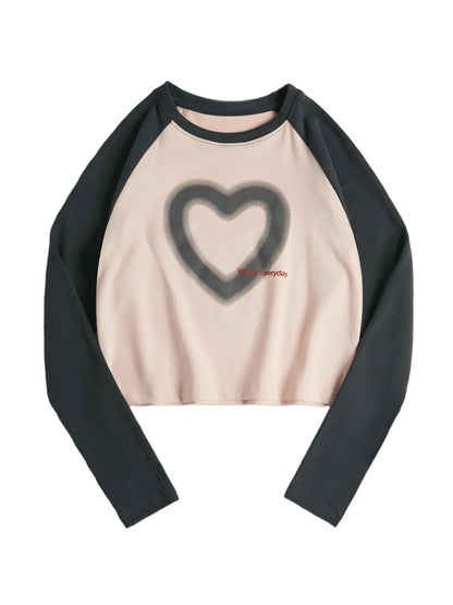Blurred Heart Print Raglan Long Sleeve Tee