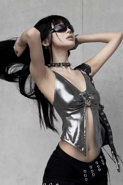 Cyber Liquid Metal Silver V Neck Buckle Cami Crop Top