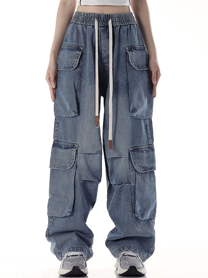 Loose versatile drawstring straight Cargo Jeans