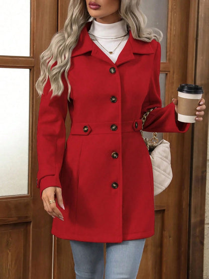 Slim Fit Lapel Buttons Solid Color Woolen Coat