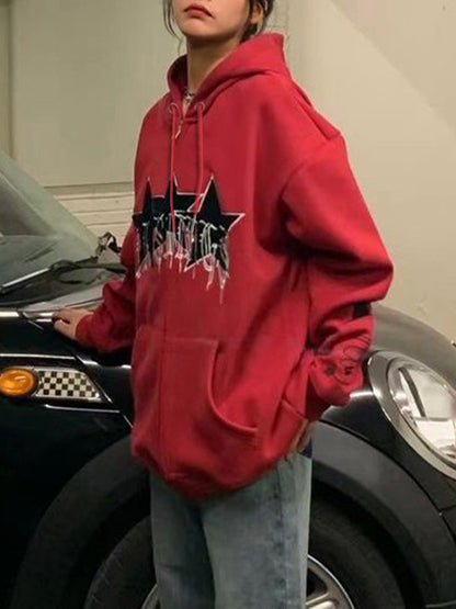 American Style Star Embroidery Fleece Oversized Hoodie