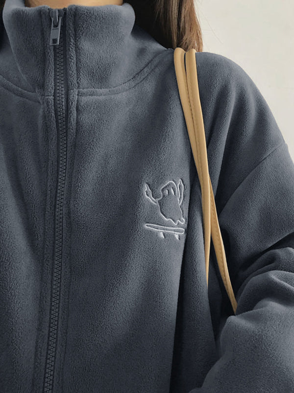 Embroidery Zip Up Fleece Jacket
