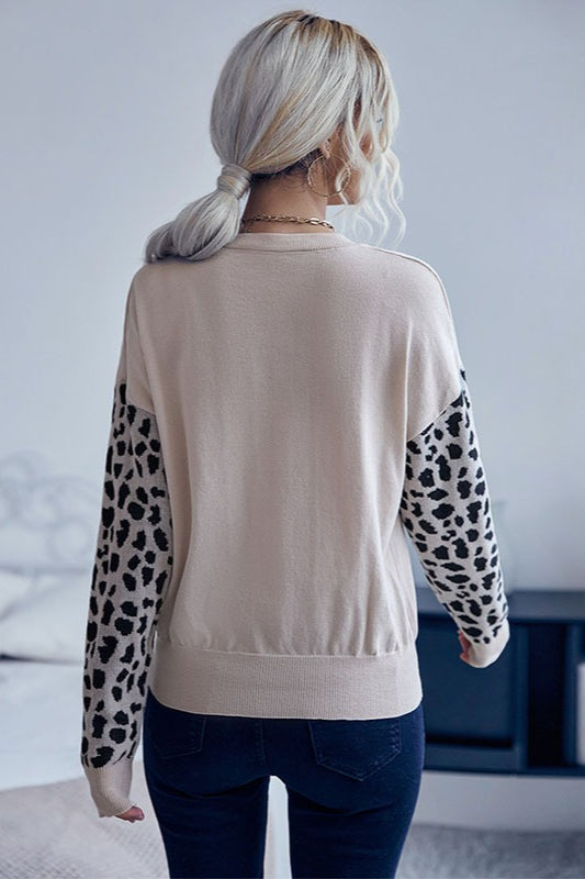 Knit V-Neck Leopard Panel Sweater