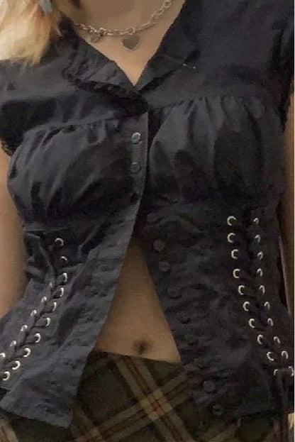 Vintage Black Aesthetic Button Crop Top