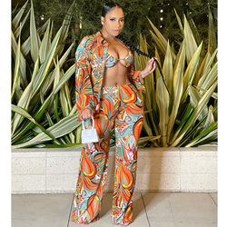 Sexy Mesh See-through Printed Long Sleeve Three-Piece Suit Women Clothing