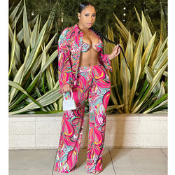 Sexy Mesh See-through Printed Long Sleeve Three-Piece Suit Women Clothing