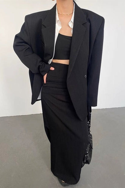 Wasteland Shoulder Pad Lapel Long Sleeve Drapey Blazer Split Midi Skirt Two Piece Set