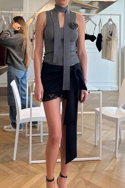 Satin Lace Bow Asymmetric Skirt