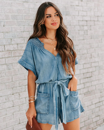 Ladies Summer Women Denim Washed Worn Loose Romper