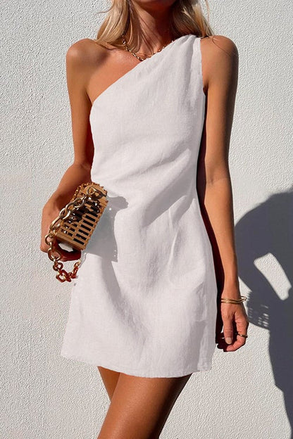 One Shoulder Sleeveless Cotton Linen Mini Dress