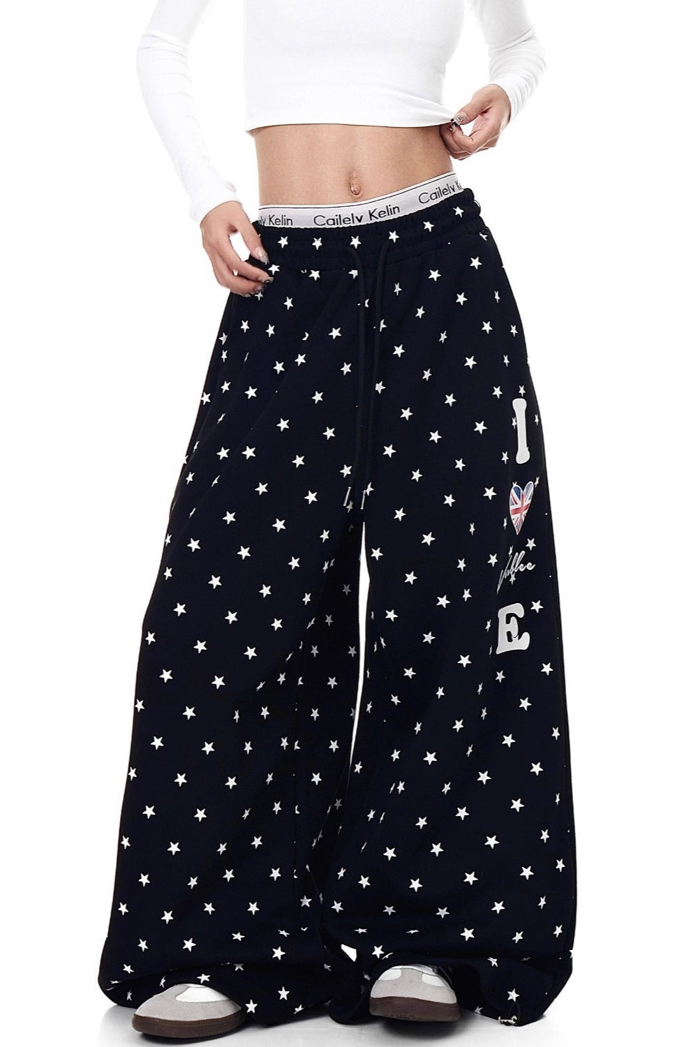 Star Print Drawstring Wide-Leg Pants