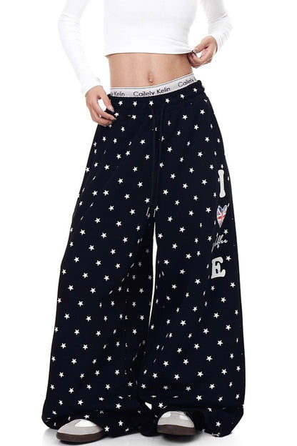 Star Print Drawstring Wide-Leg Pants