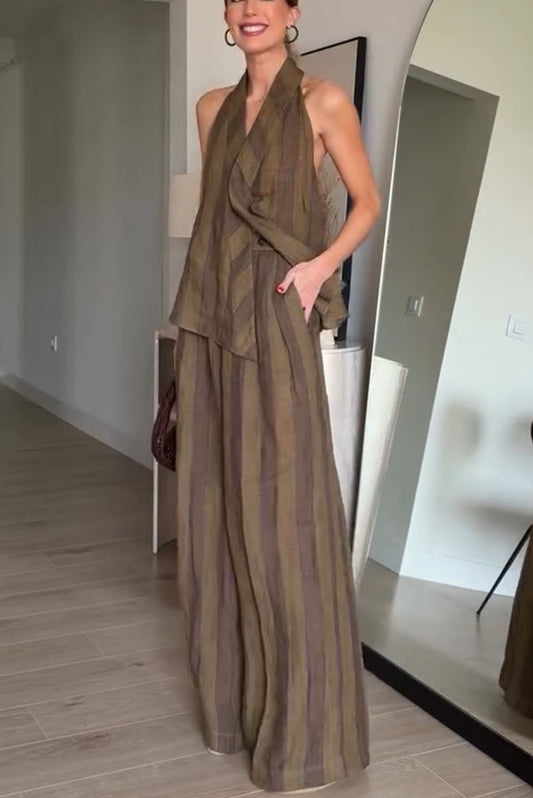 Aloof Style Striped Linen Blend Halter Vest and High Rise Button Pocket Wide Leg Pants Set