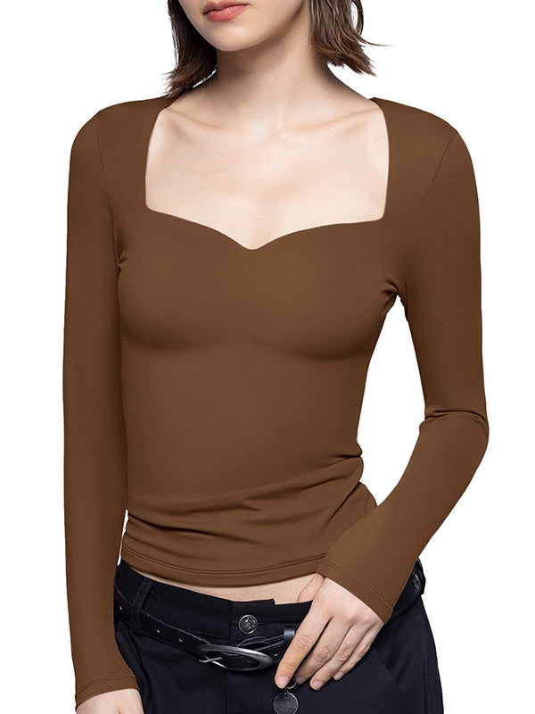 Solid Sweetheart Neck Slim Long Sleeve Tee