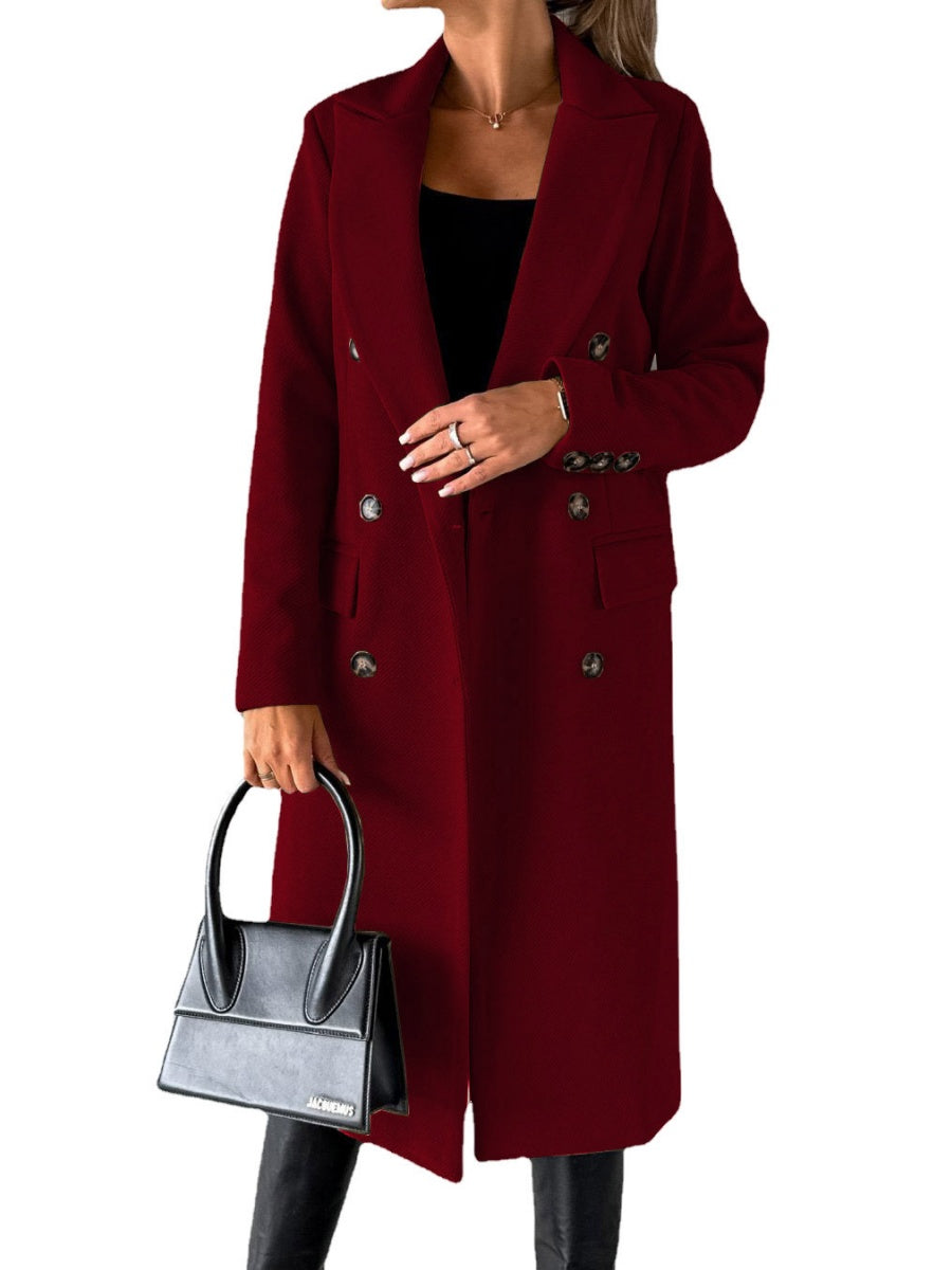 Long Sleeves, Lapel, Solid Color, Double-breasted, Slim Fit Coats