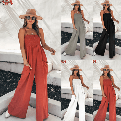 Women's Loose Wide-Leg Sleeveless Jumpsuit with Smoke Upper and Pockets | Ideal for Spring/Summer