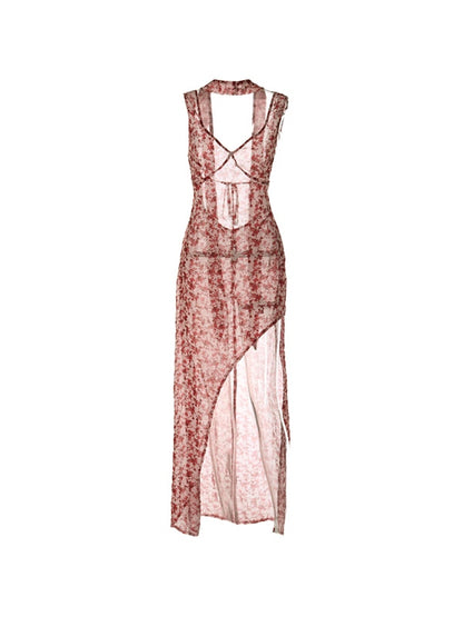 Disty Floral Backless Slit Lace Up Maxi Dress