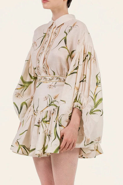 Botanical Print Puff-Sleeve Blouse & Ruffled Skirt Set