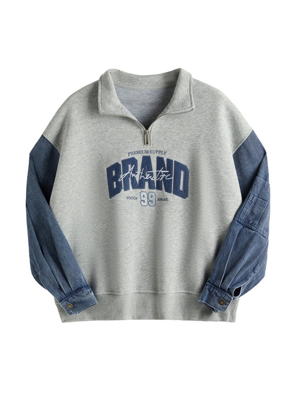 Denim Splice Letter Print Lapel Neck Oversized Hoodie