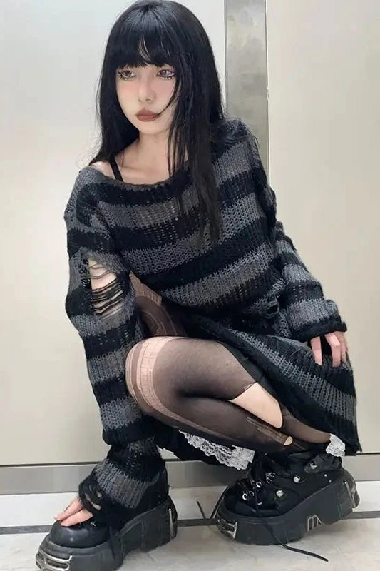 Goth Striped Ripped Long Sleeve Knitted Sweater