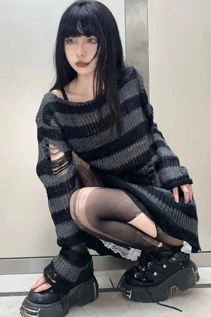 Goth Striped Ripped Long Sleeve Knitted Sweater