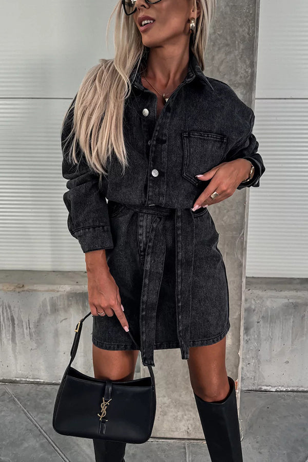 Adele Denim Button Up Belt Pocketed Long Sleeve Mini Dress