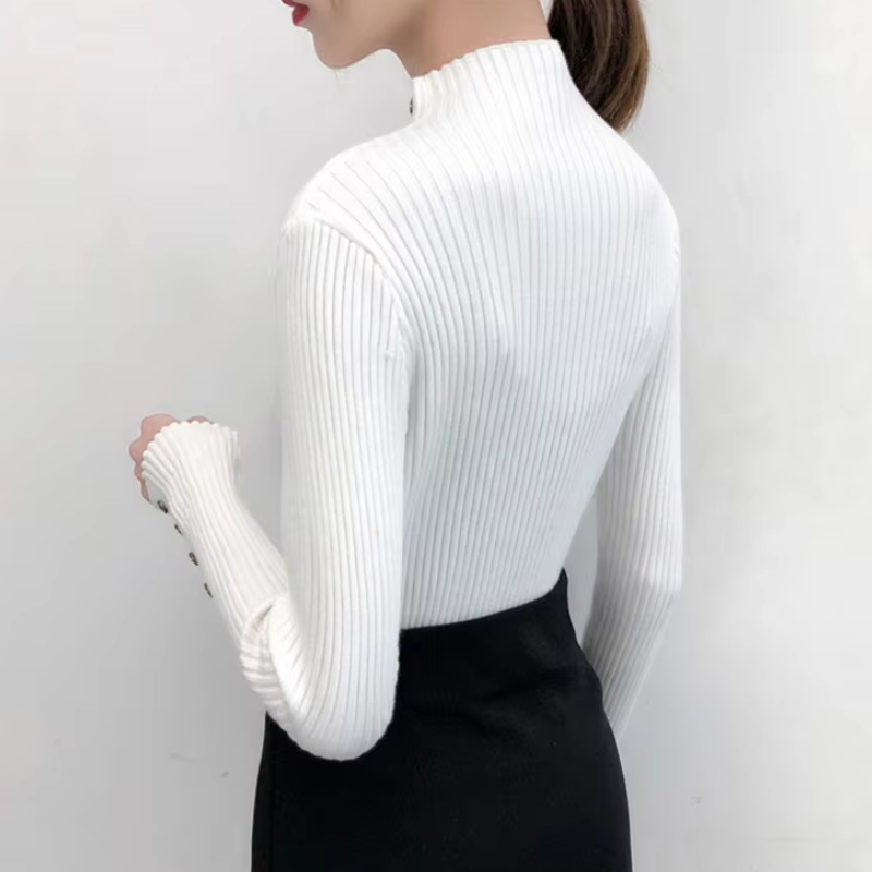 Jersey de cuello alto ajustado de punto elástico para mujer con botones | Ideal para otoño/invierno
