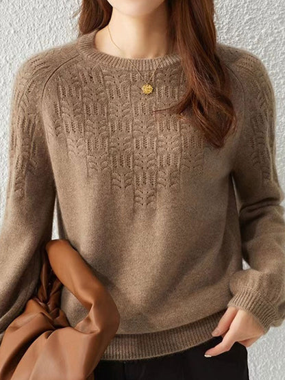 Lauren Elegant Crew Neck Lantern Sleeve Hollowed Top