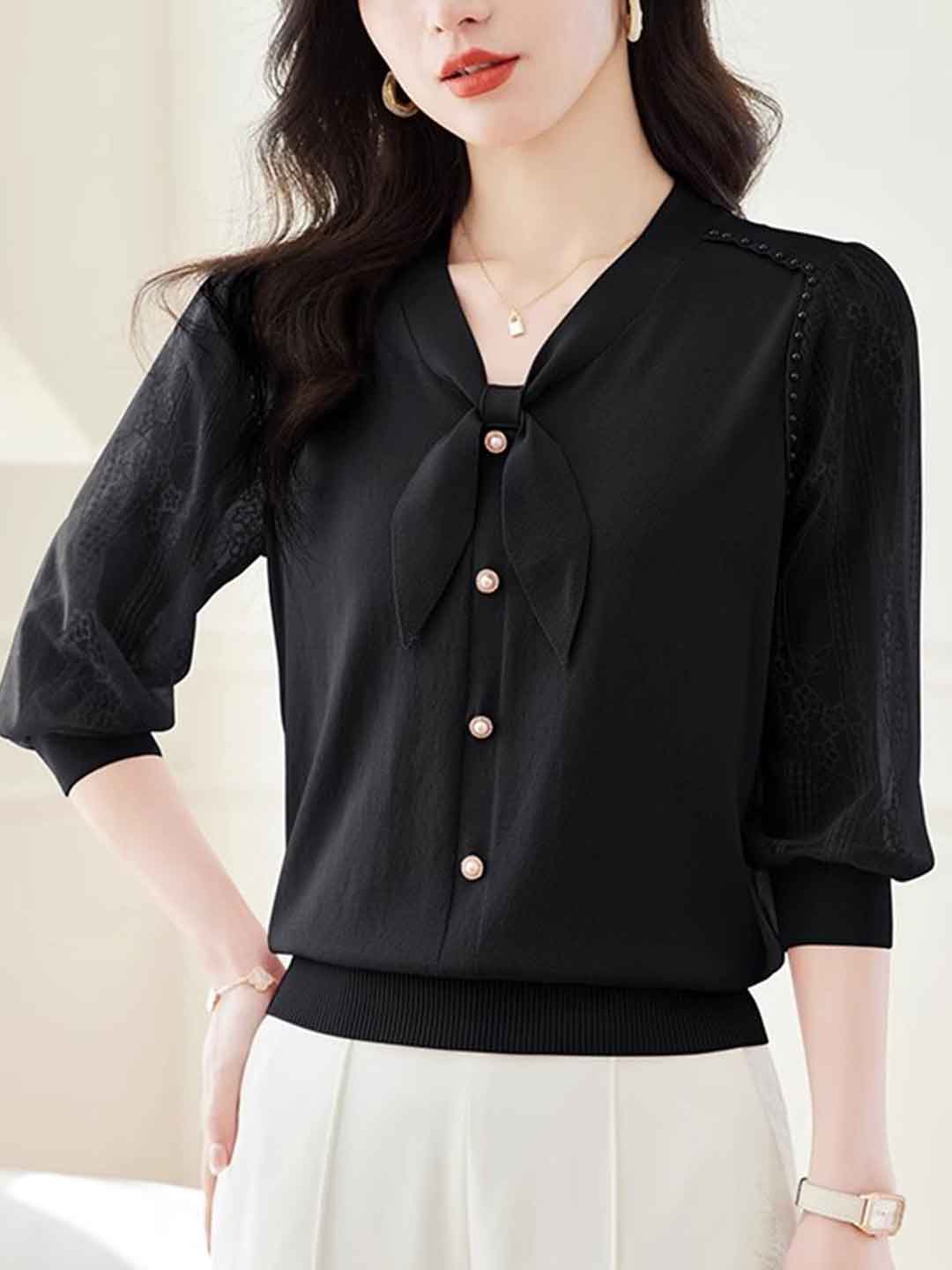 Lillian Loose V-Neck Puff Sleeve Bow Lace Knitted Top