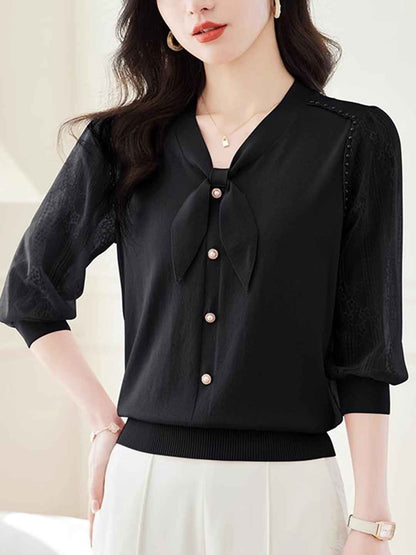 Lillian Loose V-Neck Puff Sleeve Bow Lace Knitted Top