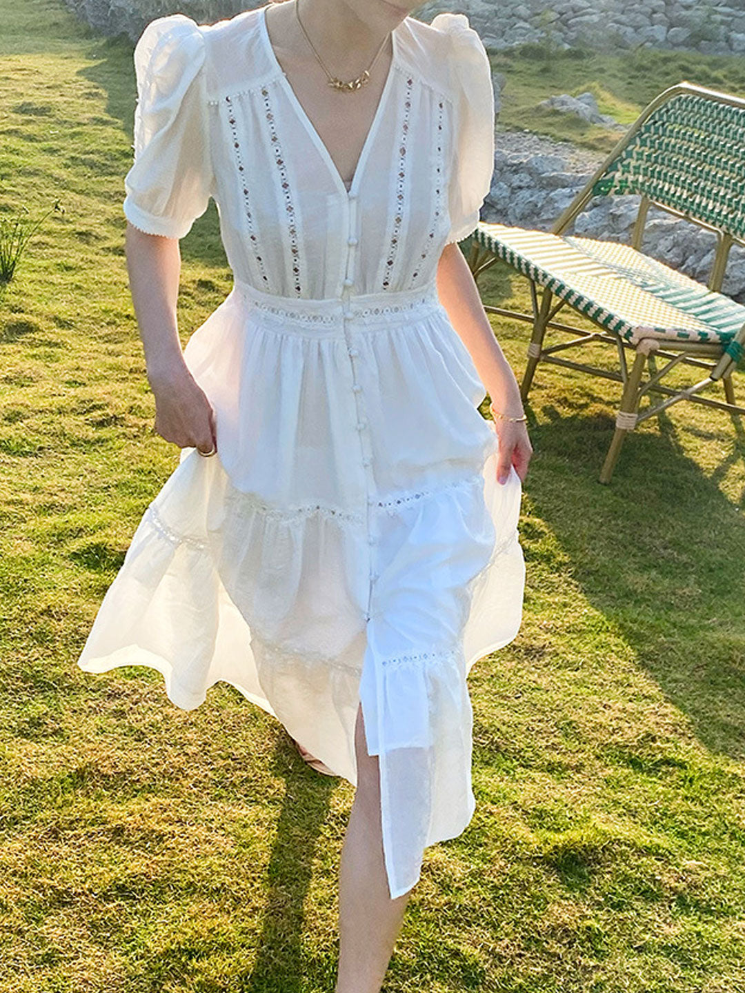 Zoey Elegant V-neck Puff Sleeve Hollowed Dress