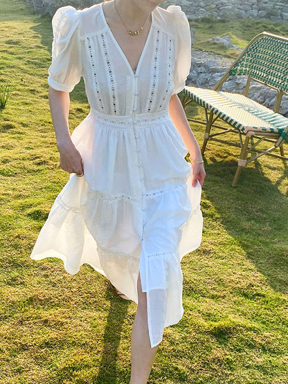 Zoey Elegant V-neck Puff Sleeve Hollowed Dress