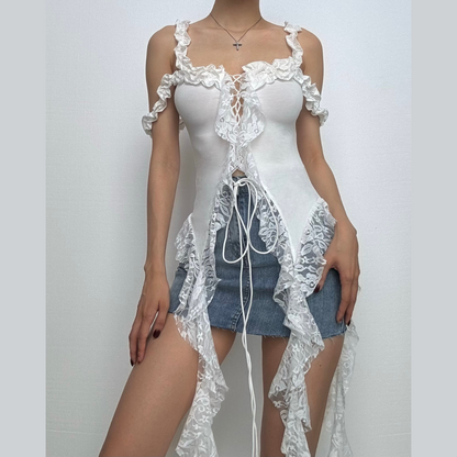 Off shoulder lace up ruffle lace hem top  | Festival Outfits Women