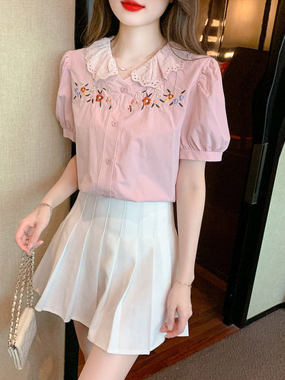 Melanie Retro Doll Collar Embroidered Lace Top