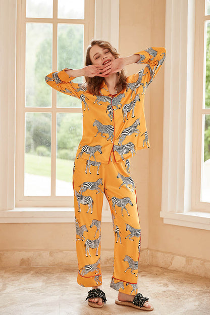 Conjunto de ropa de estar por casa de manga larga con estampado de cebra - Amarillo
