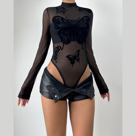 Butterfly pattern long sleeve mesh bodysuit  | Festival Outfits Women