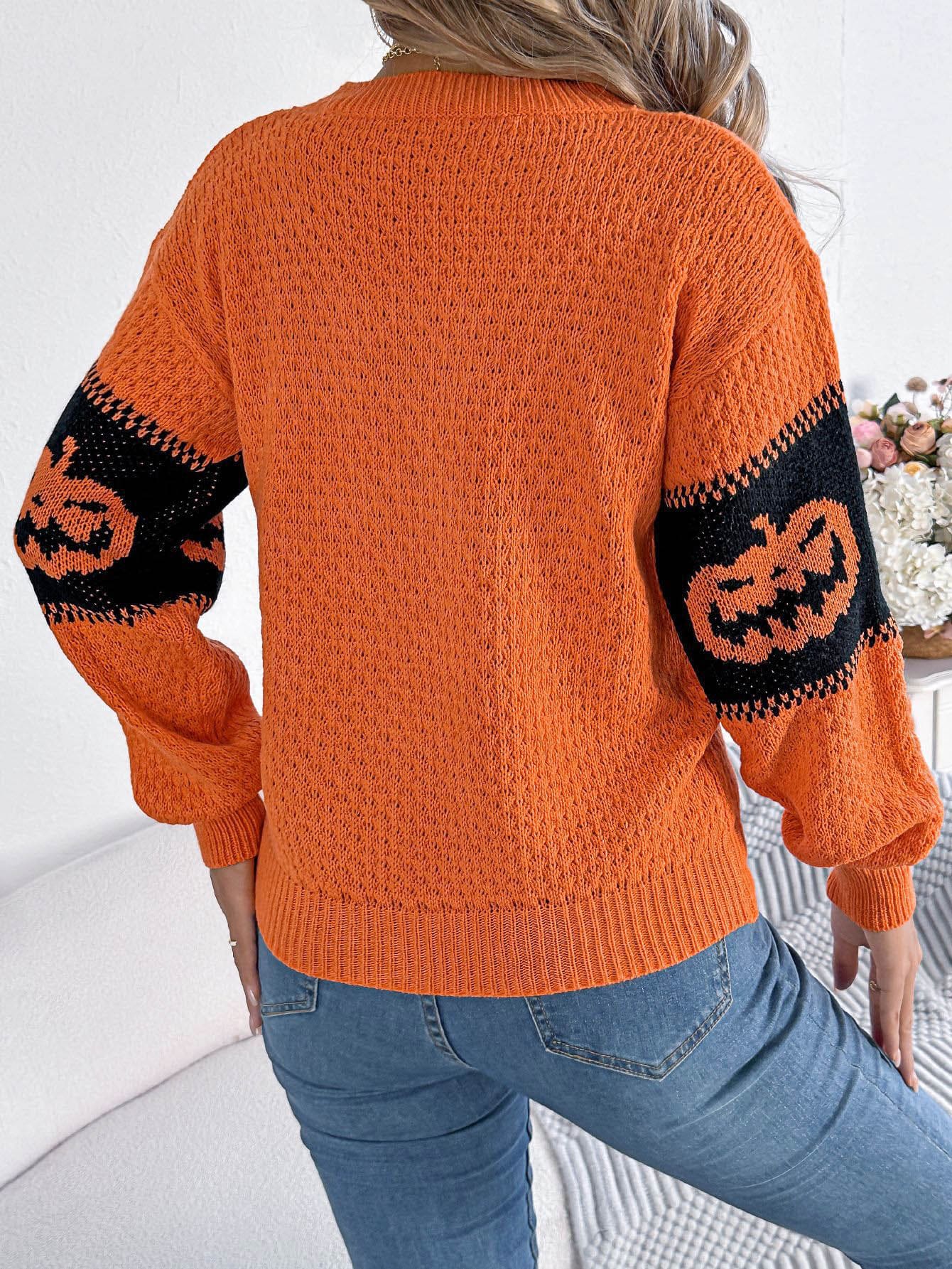Suéter de punto con cuello redondo y bloques de color con cabeza de calabaza de Halloween 