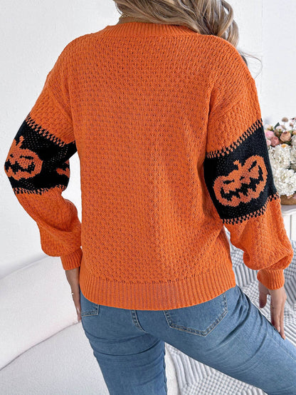 Suéter de punto con cuello redondo y bloques de color con cabeza de calabaza de Halloween 