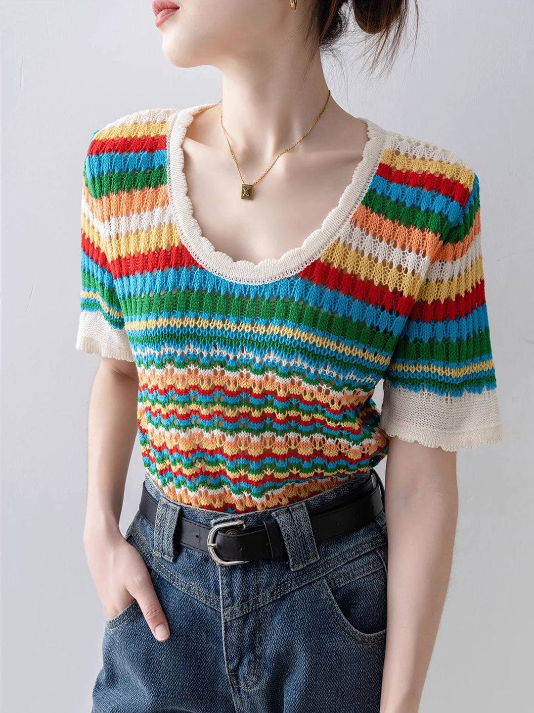 Nevaeh Classic Rainbow Striped Hollowed Knitted Top