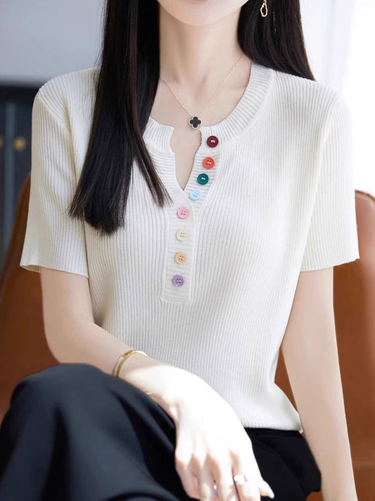 Mariah Loose Color Button Solid Color Top