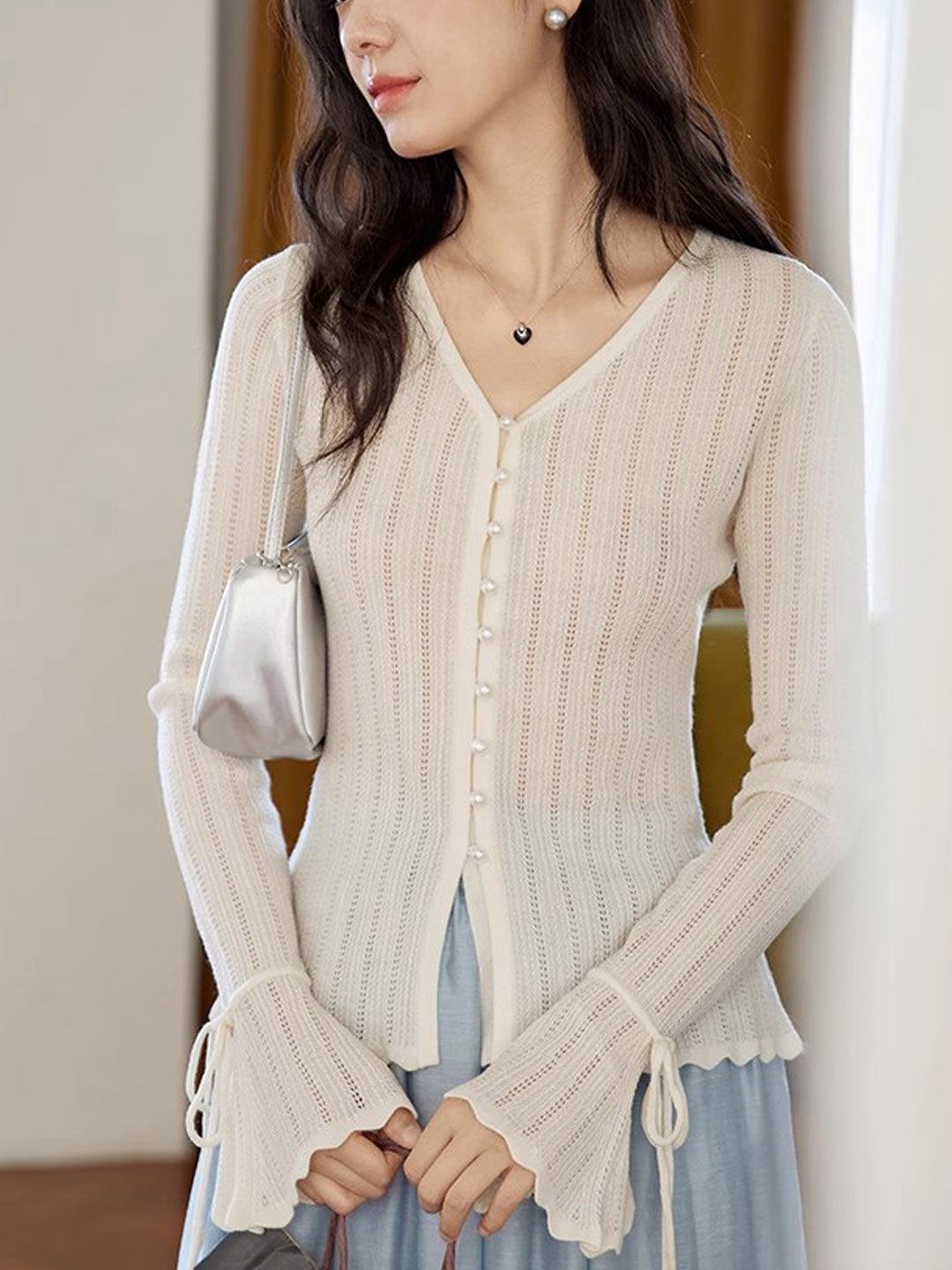 Zoe Slim V-Neck Flare Sleeve Pearl Hollowed Knitted Cardigan