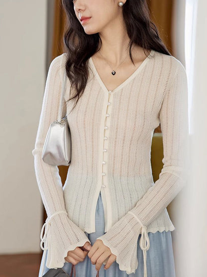 Zoe Slim V-Neck Flare Sleeve Pearl Hollowed Knitted Cardigan