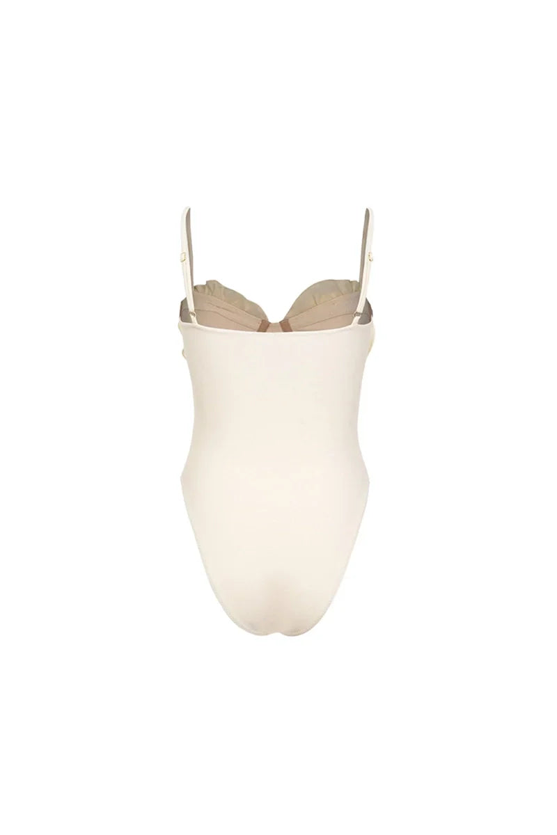 Traje de baño de una pieza liso con apliques florales