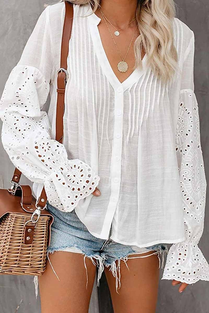 V-Neck Single Breasted Loose Flared Long Sleeves Tops