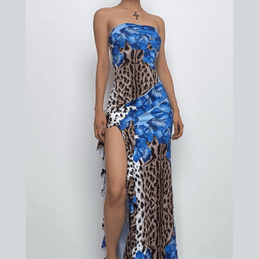 Leopard print contrast ruffle high slit tube maxi dress  | Festival Outfits Women