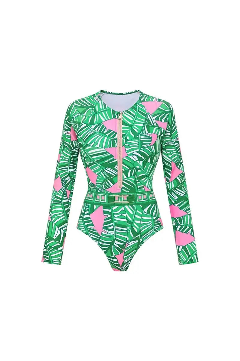 Traje de baño de surf estampado de manga larga con cremallera verde