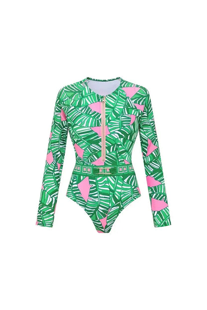 Traje de baño de surf estampado de manga larga con cremallera verde